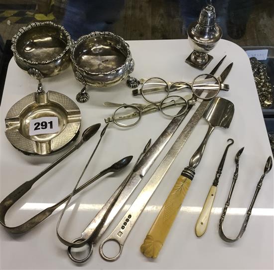 Silver salts, letter opener, 2 pairs of glasses etc